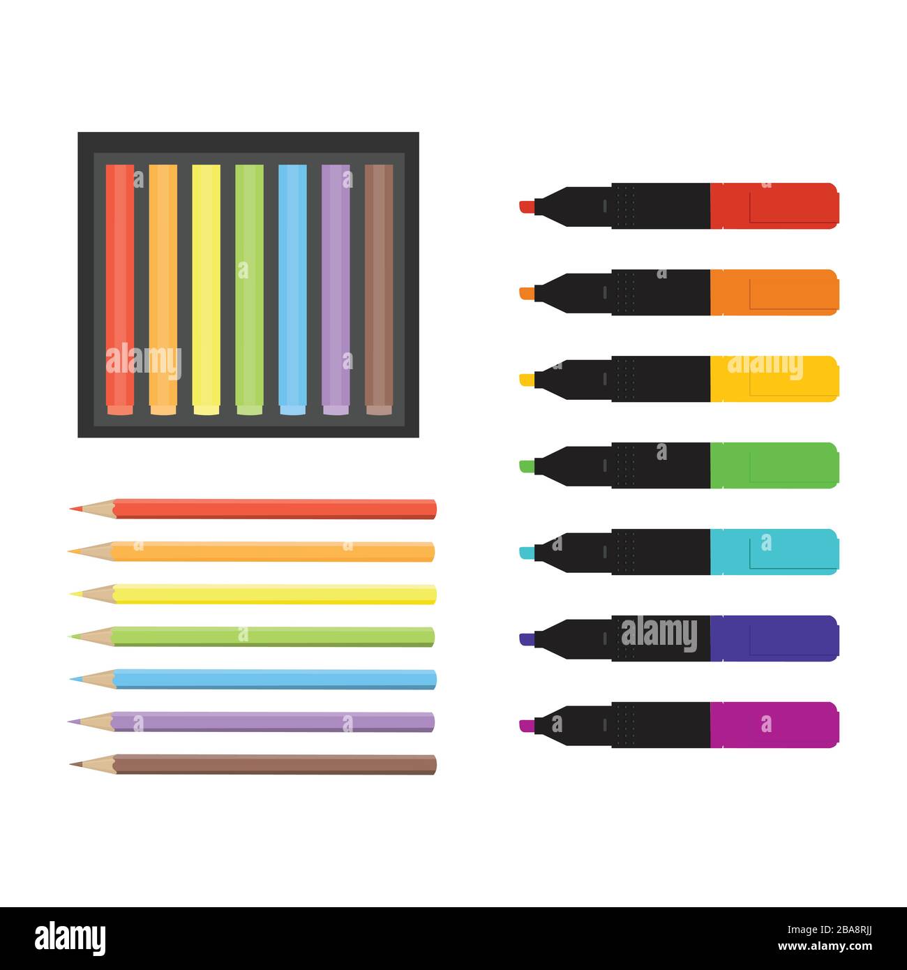 https://c8.alamy.com/comp/2BA8RJJ/art-tools-collection-markers-color-pencils-highlighter-and-crayons-stationery-vector-2BA8RJJ.jpg