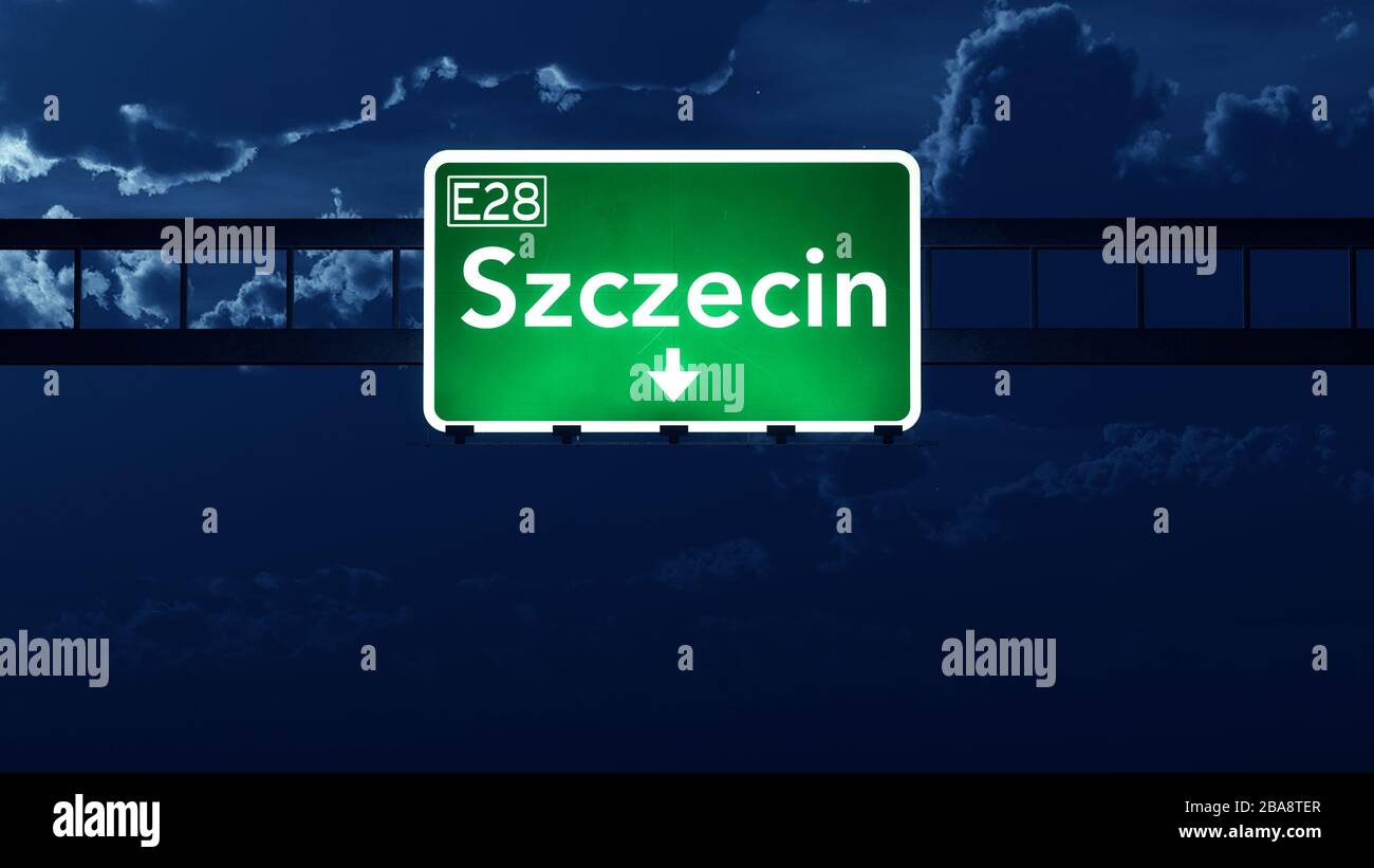 Szczecin Poland Highway Road Sign at Night 3D artwork Stock Photo - Alamy