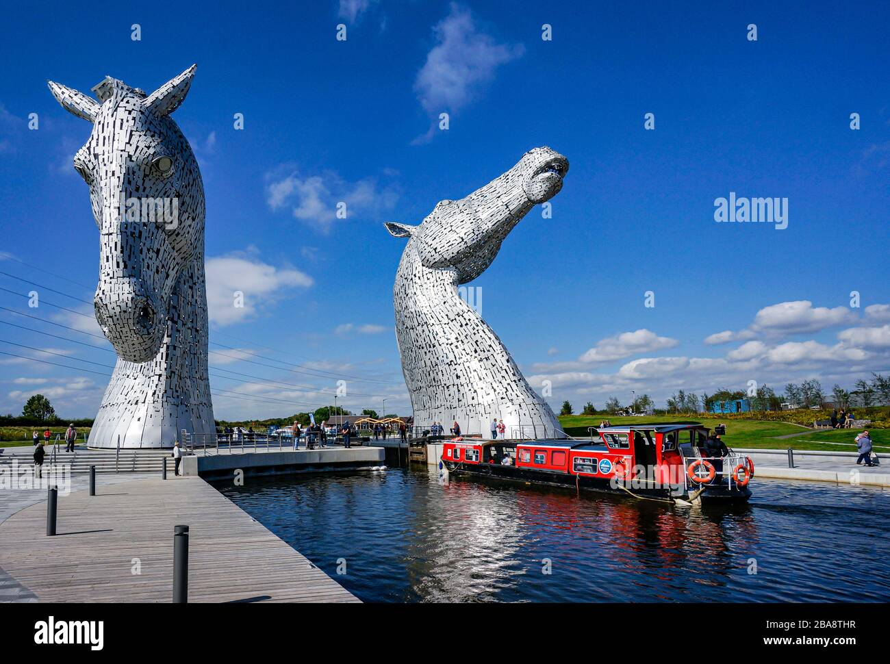 Canal boat Wooden Spoon Seagull has turned in the basin at The Kelpies at The Helix park in Falkirk Scotland Stock Photo