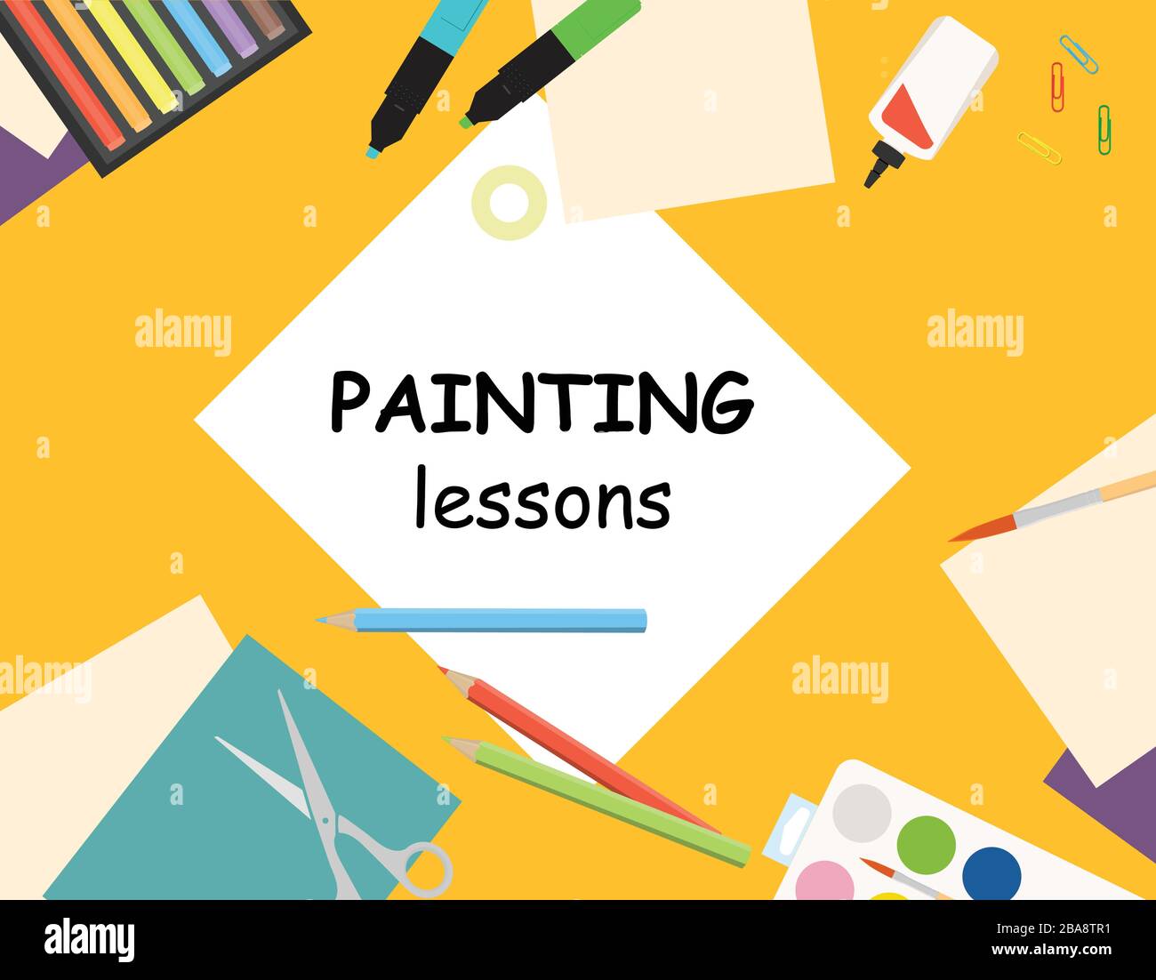 Creative kids lab painting lessons top view table. Painting, cutting