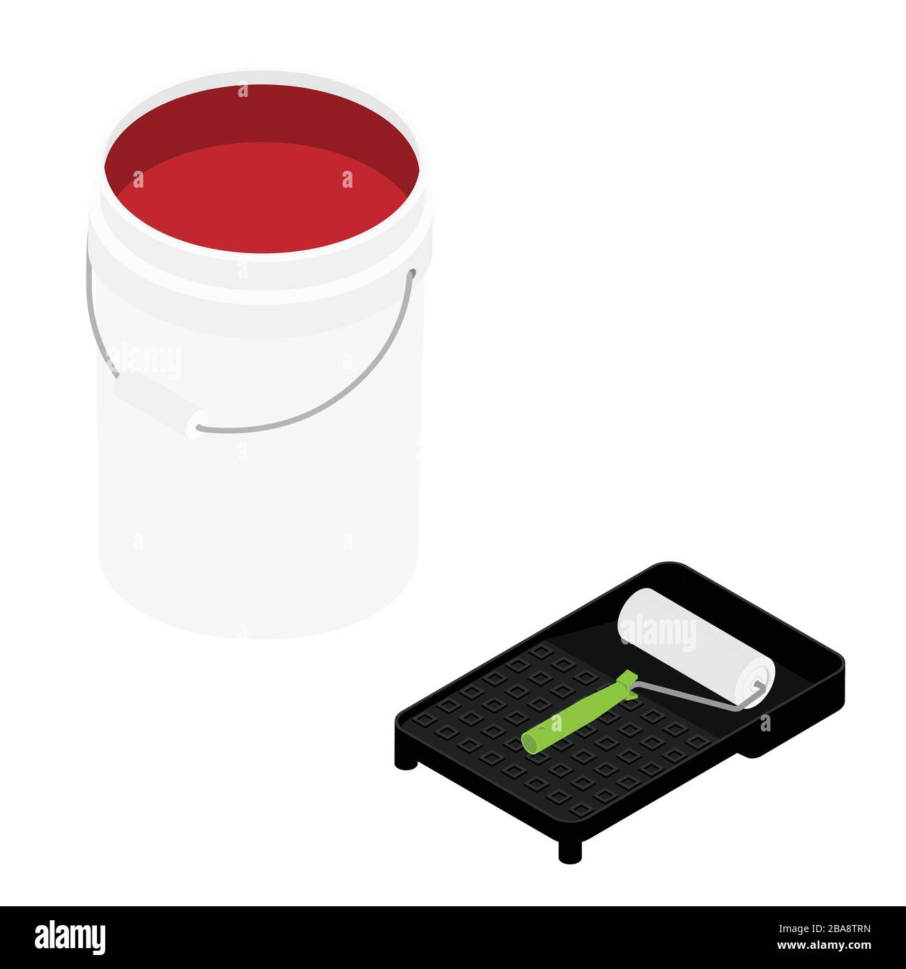 White plastic bucket with red color paint and paint roller isolated on ...