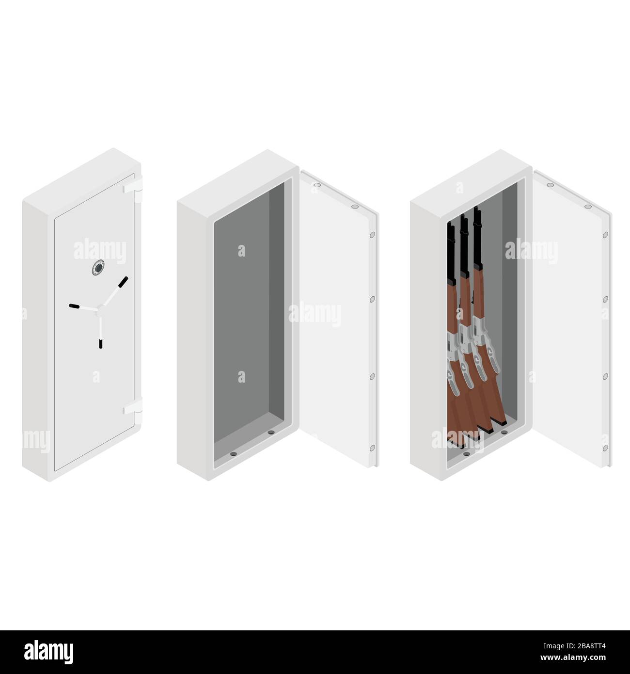 Empty Rifle Safe Inside Ammunition storage set. Metal safe with rifle gun inside isometric view ...