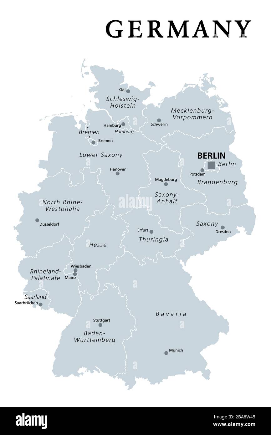 Germany, gray political map. States of the Federal Republic of Germany with capital Berlin and 16 partly-sovereign states. European country. Stock Photo