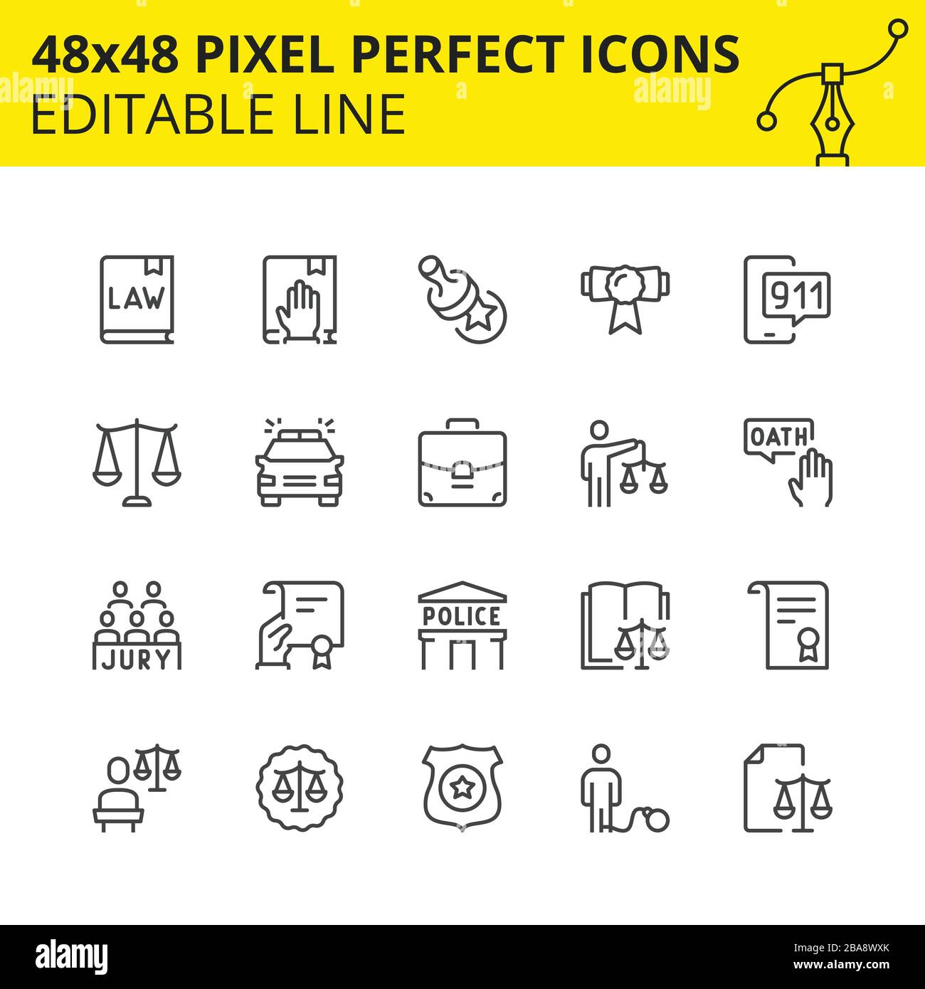 Simple Set Icons Law and Judge. Includes Oath, Jury, Prisoner, Police Badge etc. Pixel Perfect 48x48, Editable Set. Vector. Stock Vector