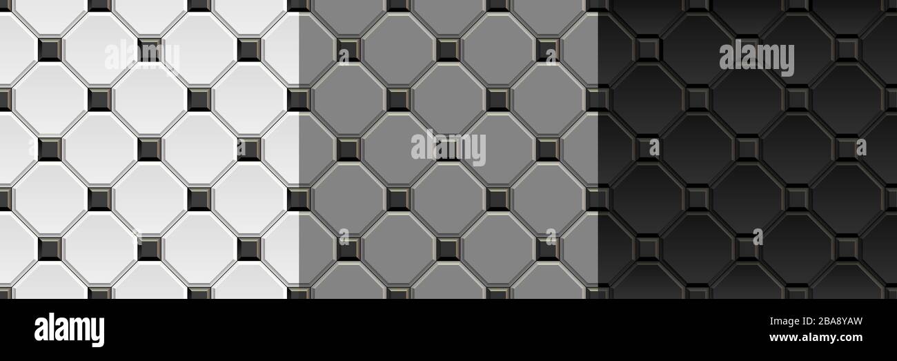 Seamless textures of black, white, gray ceramic floor. Vintage repeating pattern of rhombus tiles with square inserts Stock Vector