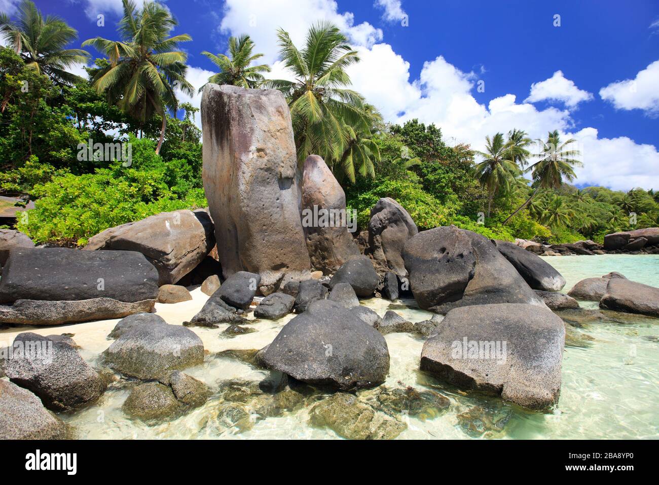 Felsen und Palmen, La Digue, Seychellen, Indischer Ozean Stock Photo