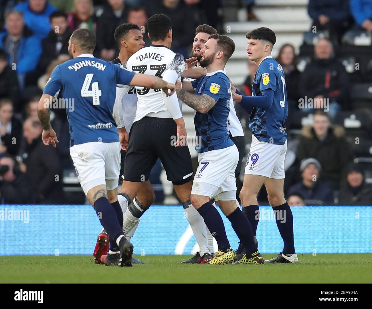 Derby County's Curtis Davies confronts Blackburn Rovers' John Buckley after a dangerous tackle Stock Photo