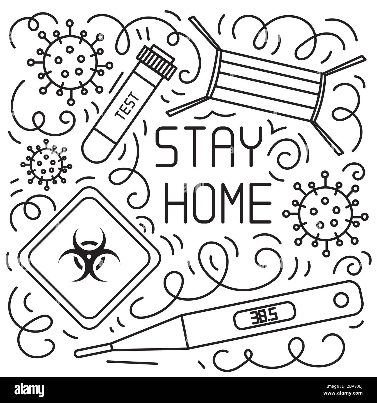 Concept of coronavirus quarantine. Hand drawn vector doodles elements such quarantine sign, respirator mask, hand sanitizer gel, blood test, thermometer and more. Coronavirus campaign to stay home Stock Vector