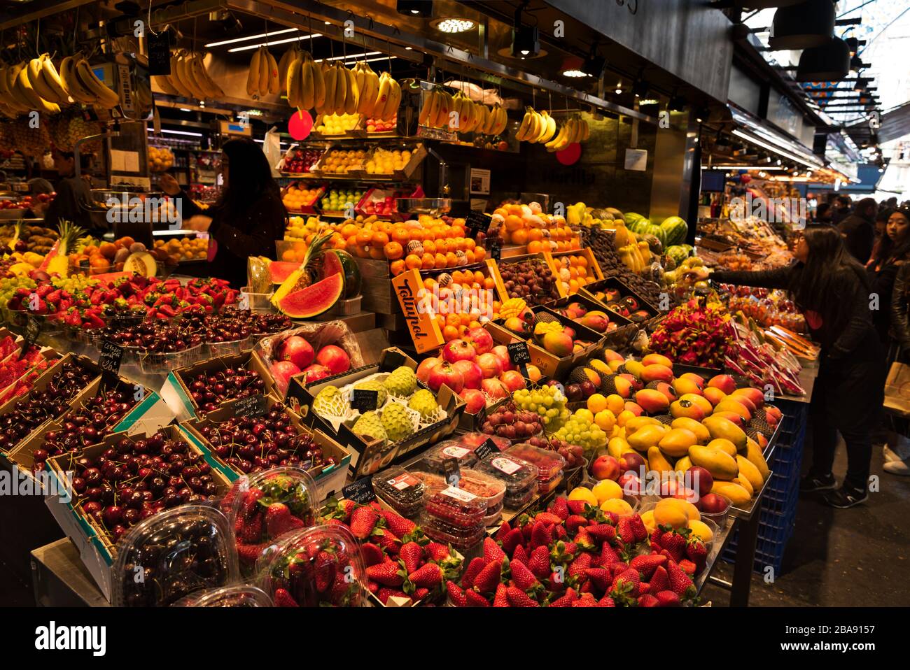 La Boqueria food market in Barcelona, Spain, colourful fruits and