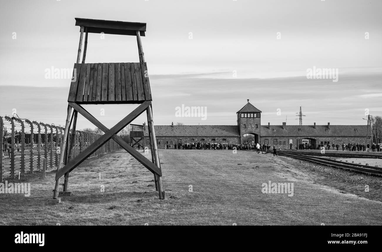 Auschwitz-Birkenau II, main concentration camp. Watch Tower. Stock Photo