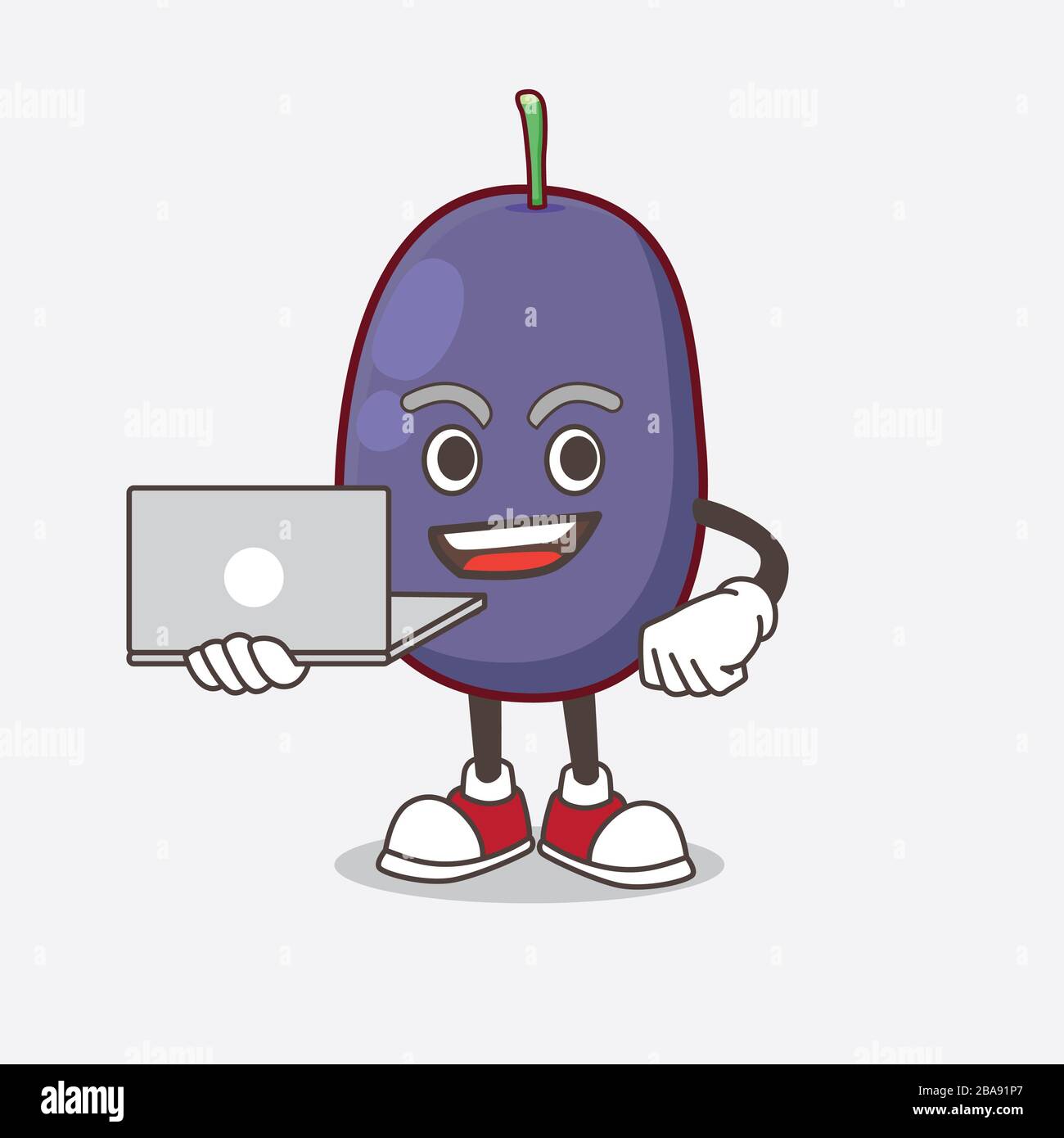 A picture of Java Plum cartoon mascot character working with laptop ...