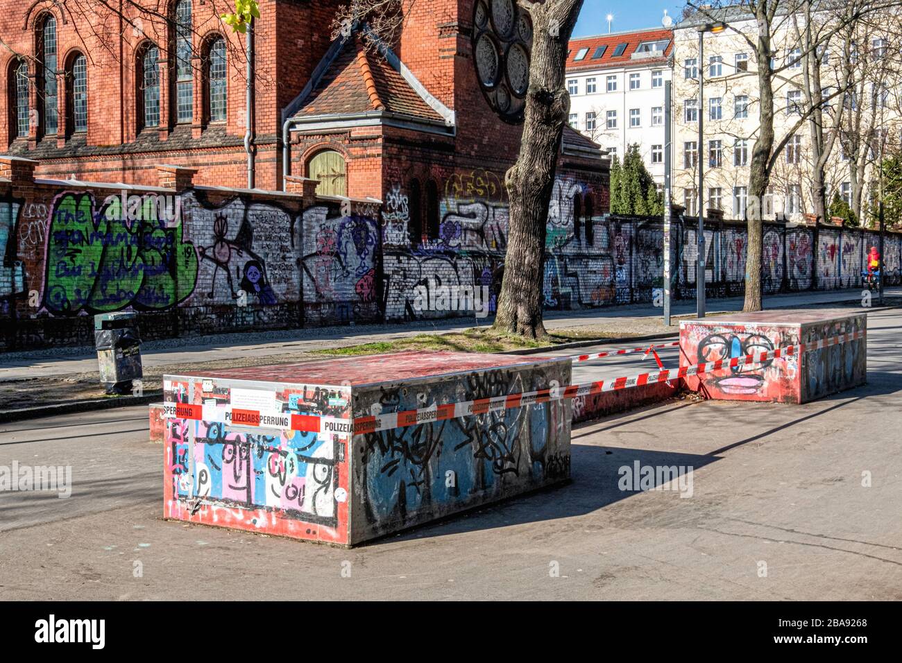 Skate Boarding area closed with Poilice tape. Streets & pavements are empty  due to Coronovirus Pandemic, Mitte, Berlin, Germany Stock Photo