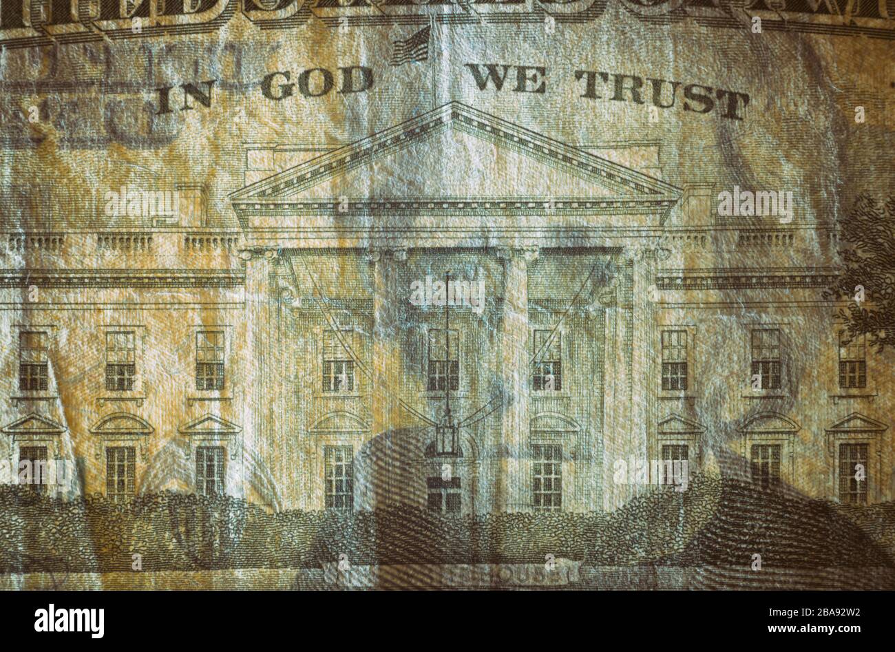 Close-up at In God We Trust & White House, highly magnified surface of ...