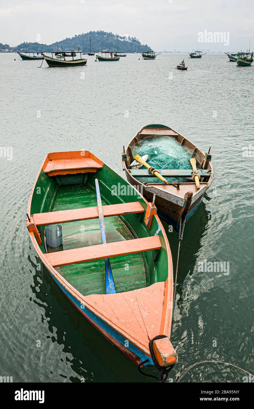 Boats moored in Porto Belo Bay. Porto Belo, Santa Catarina, Brazil. Stock Photo