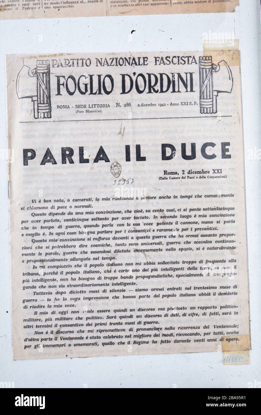 the Duce speaks, fascist national party, order sheet, rome, 2 december 1942 Stock Photo