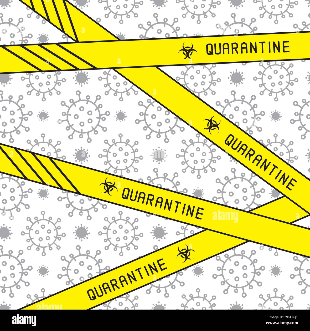 Quarantine yellow tape warning sign of quarantine. Symbol quarantine zone area. Virus Corona on white background. Novel Coronavirus 2019-nCoV vector illustration. Stock Vector