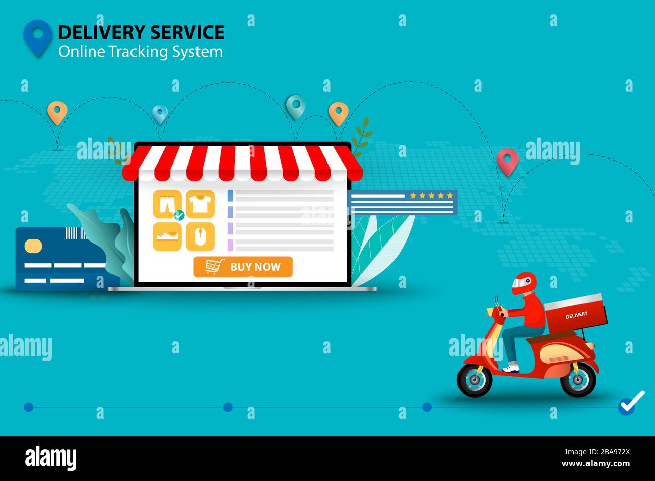 Concept of delivery service with online tracking system, a man riding scooter in front of laptop which the display contain list of products, customer Stock Vector