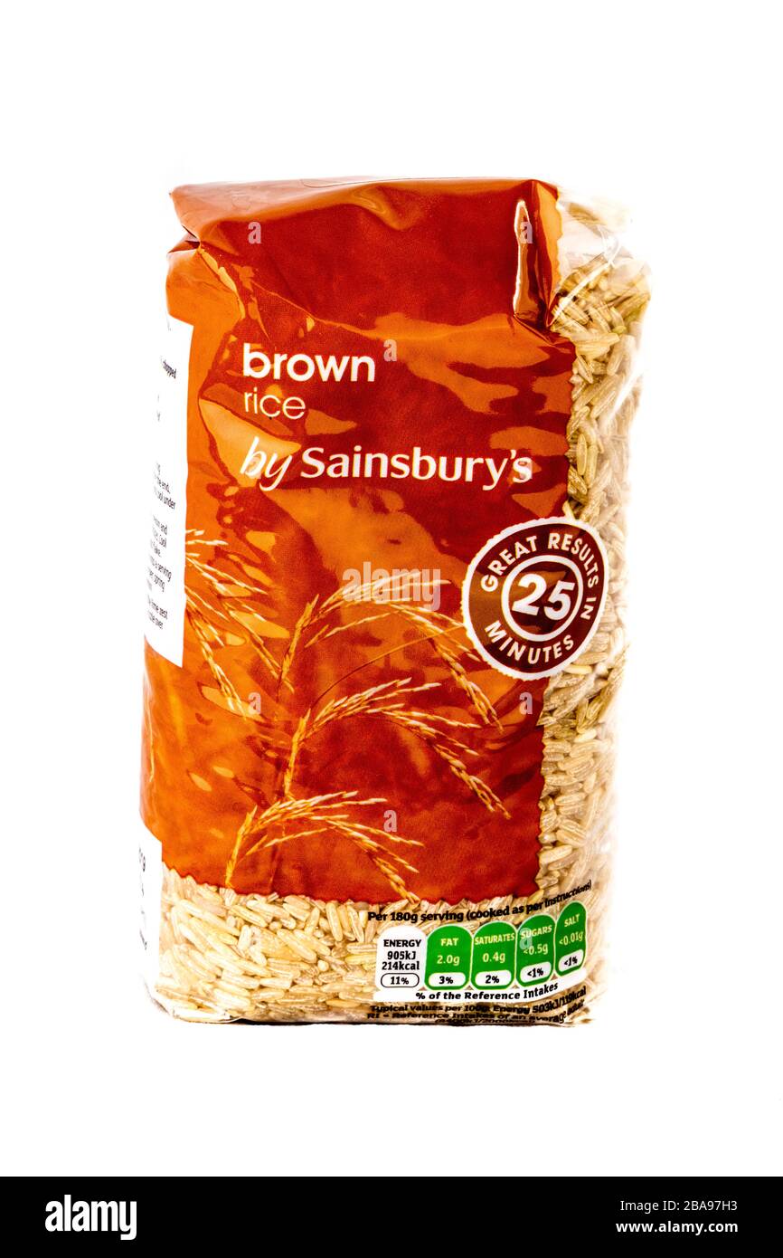 Sainsburys brown rice, brown rice, brown rice packet, pack, packet, brown rice pack, White background, copy space, isolated, product, products, item, Stock Photo