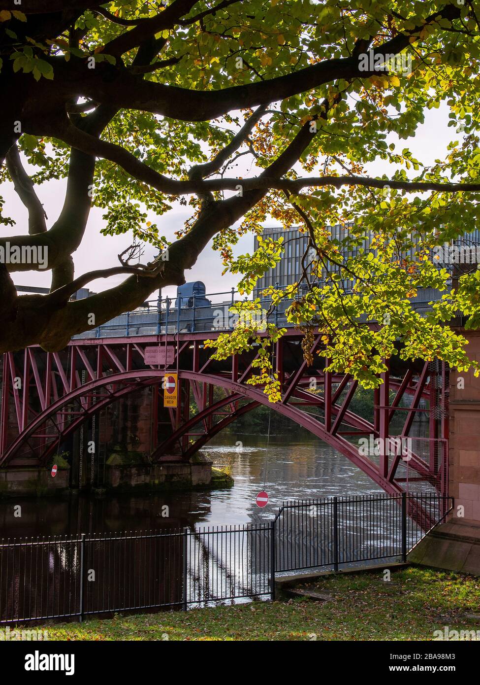 Glasgow, Scotland, UK. 19th October 2019: Trees hiding Albert Bridge Glasgow Green. Stock Photo