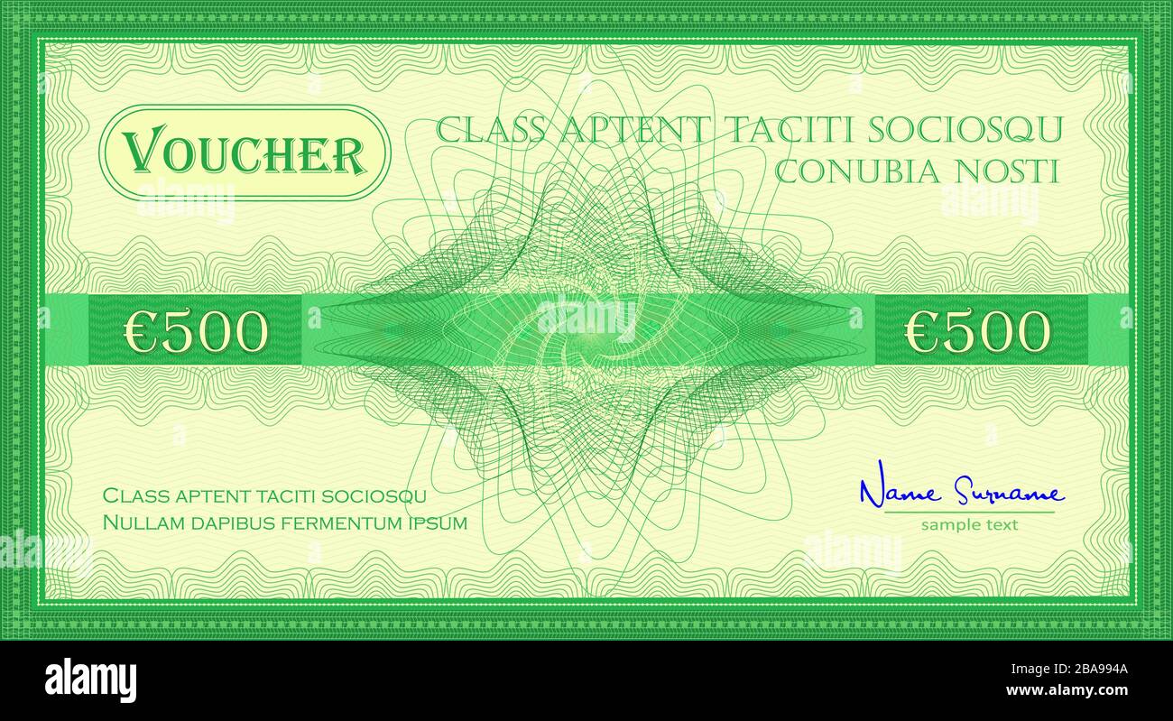 Voucher like a five hundred euro gift banknote green color vector Stock Vector
