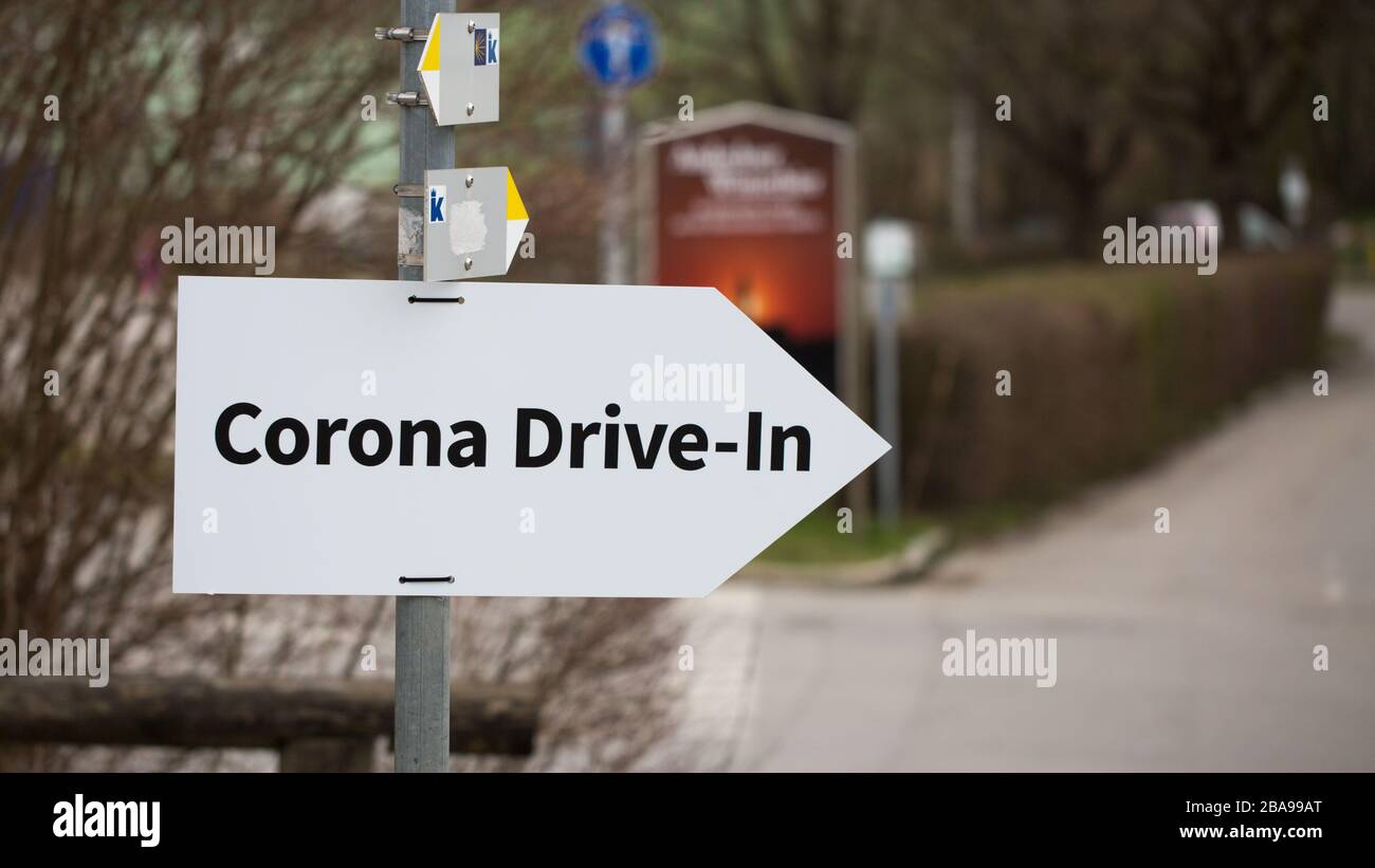 Corona Drive-In sign. Showing the way to the test station at Andechs. As of Mar 26 more than 40.000 germans are infected by the Coronavirus (Covid-19) Stock Photo