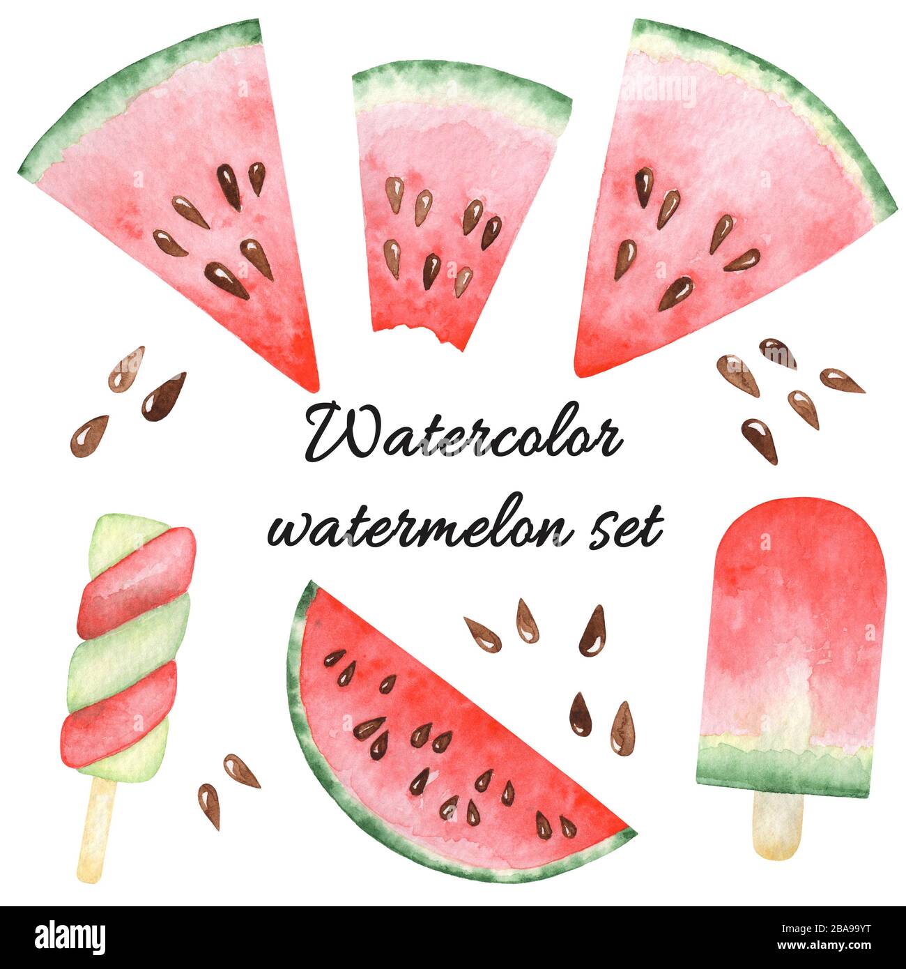 Watercolor set with watermelon slices, popsicles. Raster hand drawn elements Stock Photo