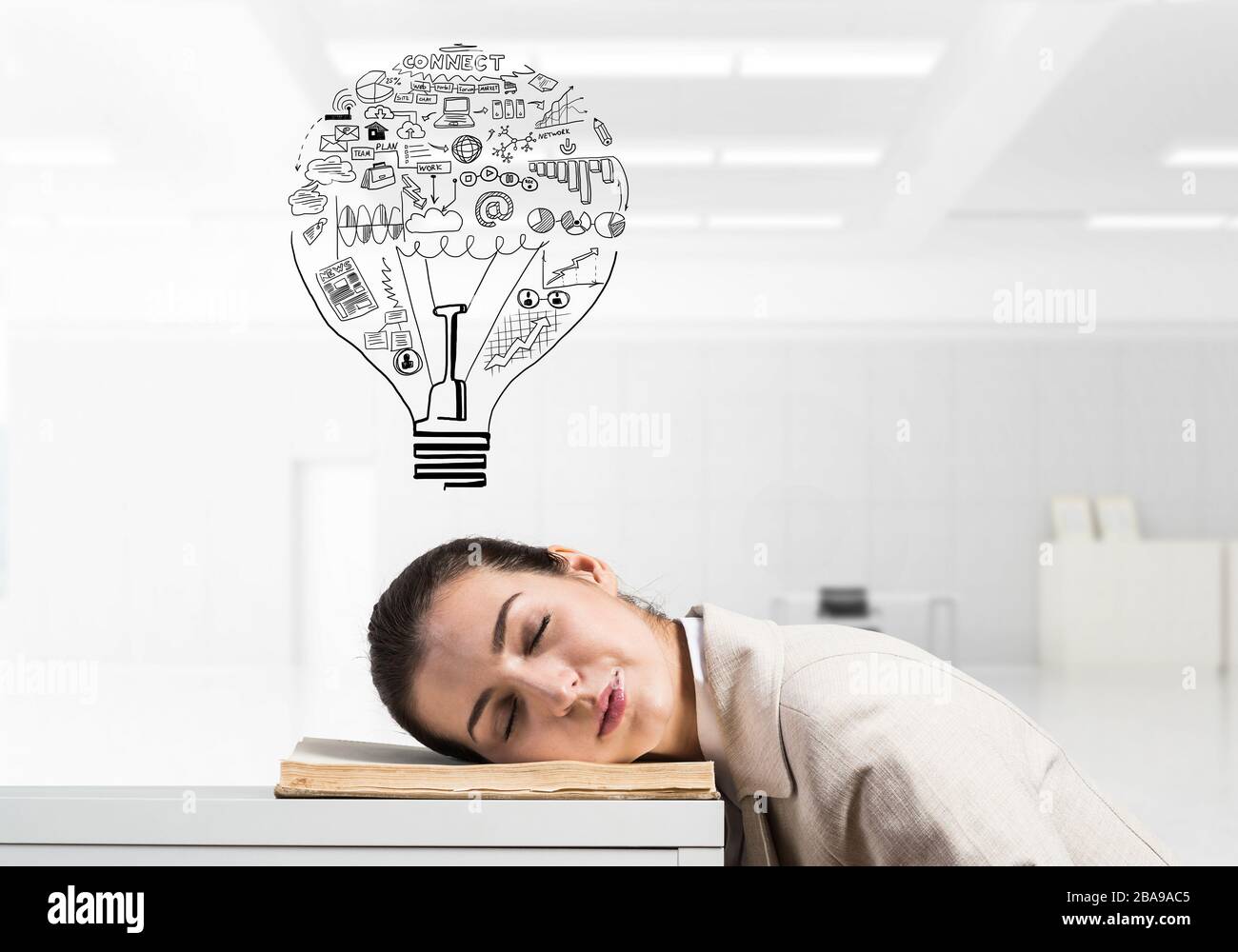 Exhausted business woman sleeping on desk Stock Photo - Alamy