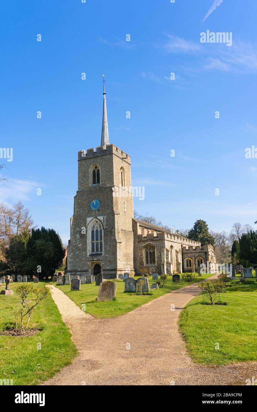 Exterior of St Andrew's Church on a sunny day. Much Hadham, Hertfordshire UK. Stock Photo