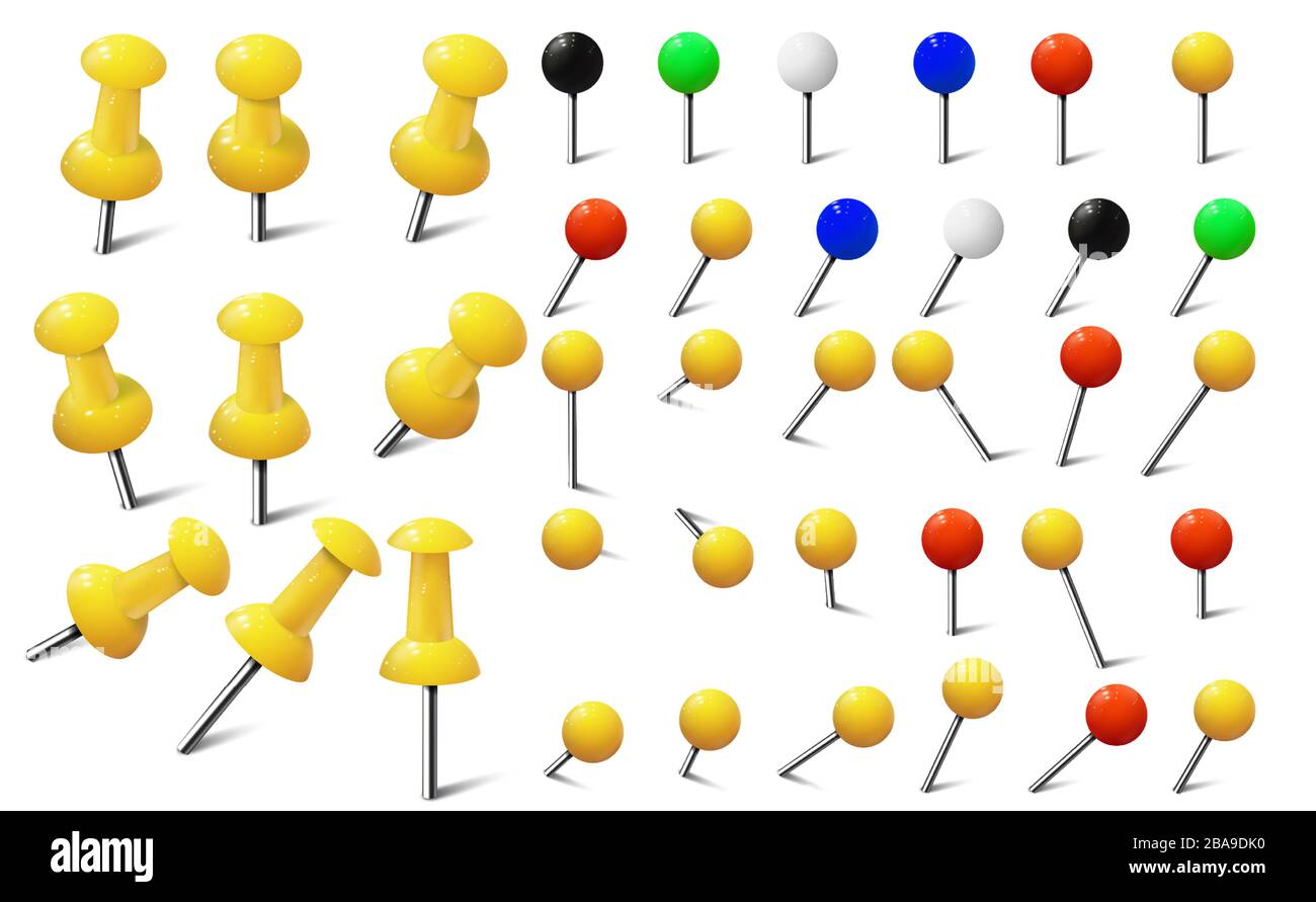 Colored various pushpins, map tacks and pins Stock Vector