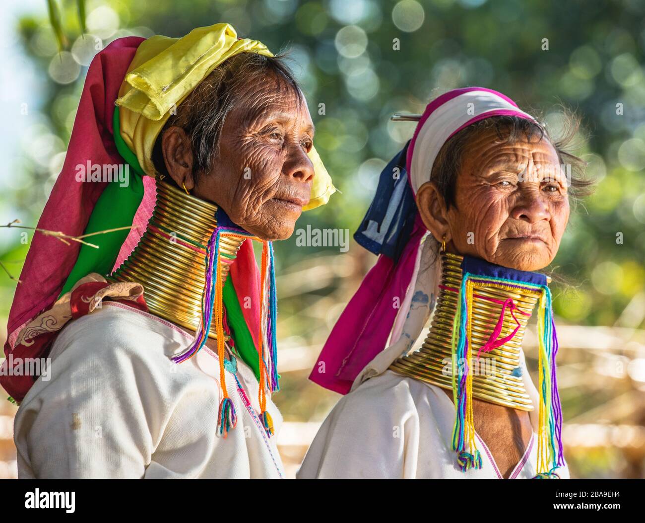 Two Padaung women in traditional dress and with metal rings around their  neck stand next to each other. February 12, 2019, Myanmar Stock Photo -  Alamy