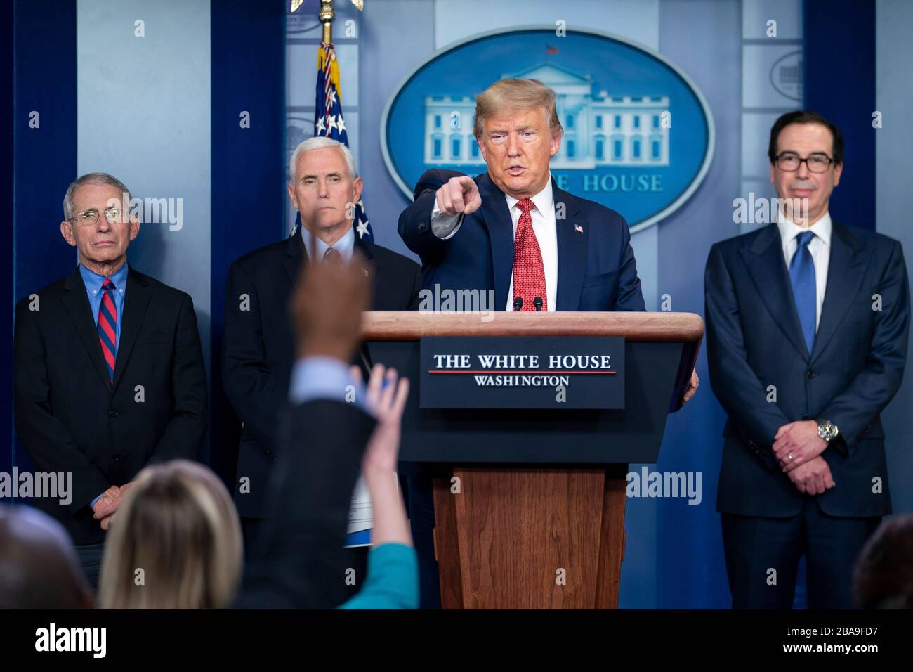 Washington, United States Of America. 25th Mar, 2020. Washington, United States of America. 25 March, 2020. U.S President Donald Trump takes a questions on the stimulus package at the Coronavirus Task Force briefing in the Press Briefing Room of the White House March 25, 2020 in Washington, DC. Credit: Tia Dufour/White House Photo/Alamy Live News Stock Photo