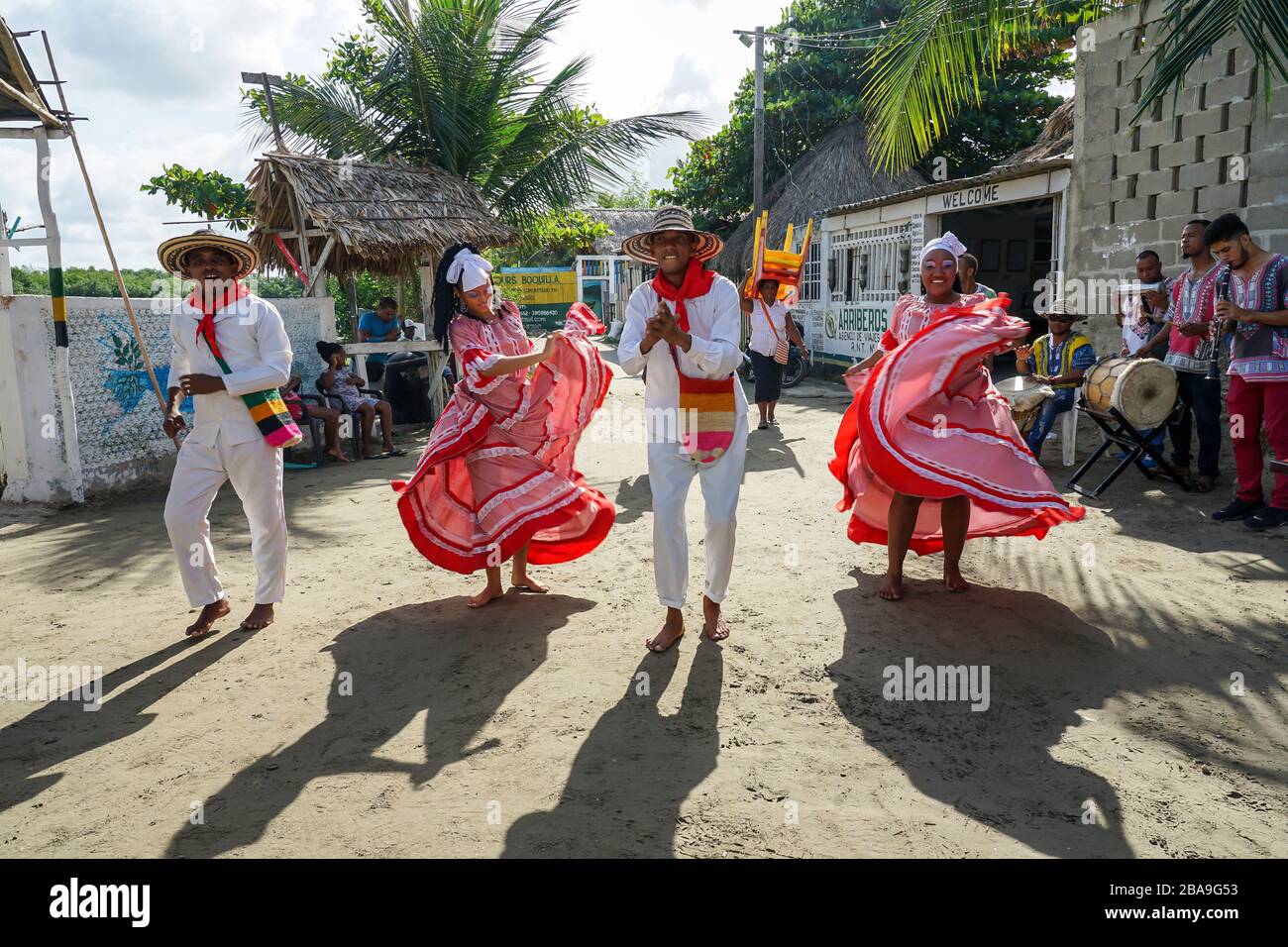 Cartagena, Columbia, South America, Traditional Colorful folkloric dancing and performing for the tourist. Stock Photo