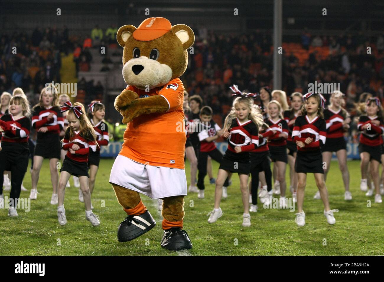 Blackpool's mascot Bloomfield Bear with cheerleaders before kickoff