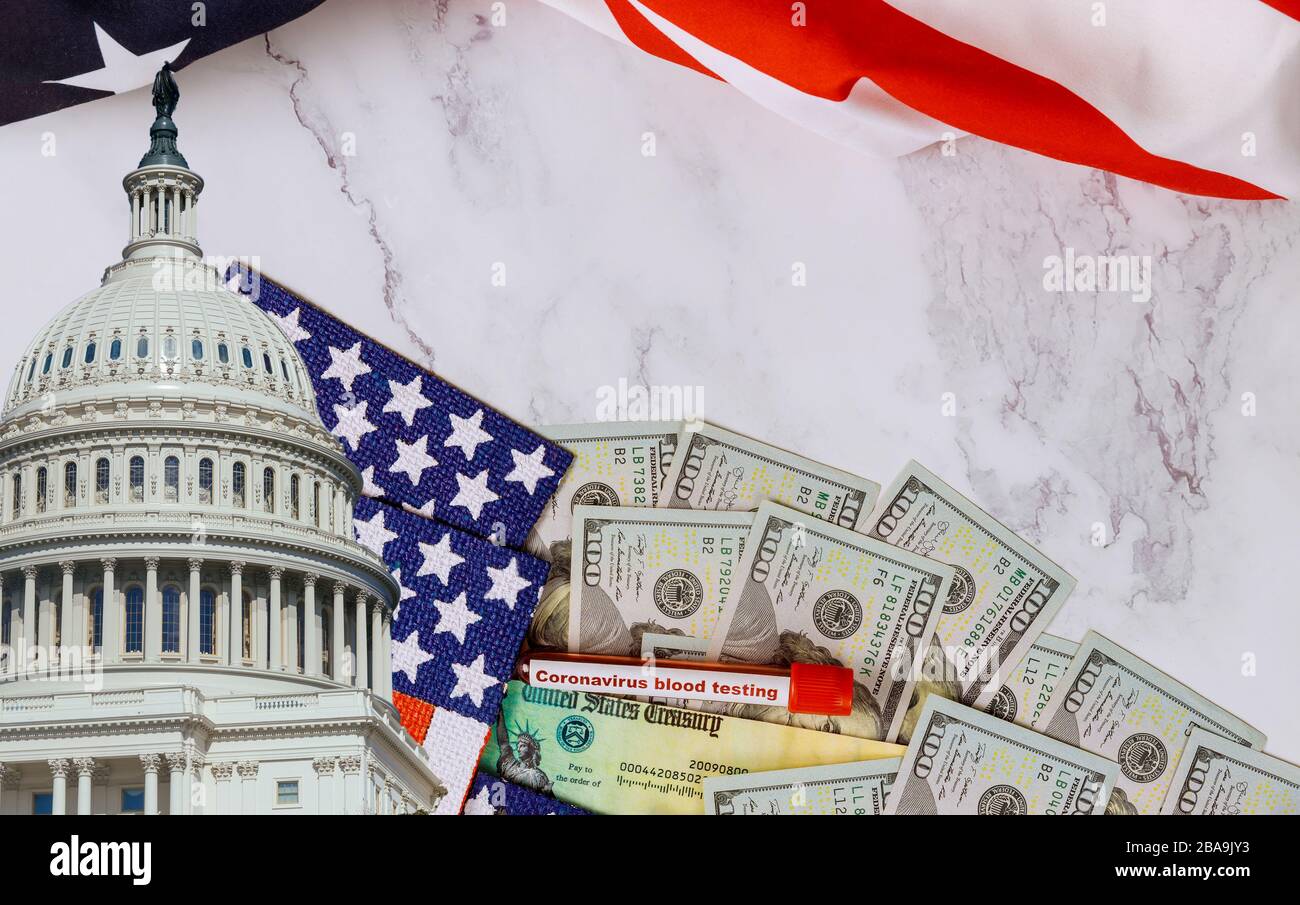 Senate and House of Representatives of United States Government the stimulus package financial package government for people, American flag and US dollar cash banknote Stock Photo