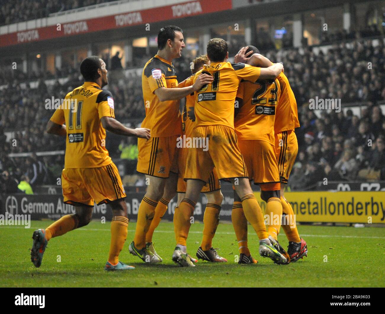 Hull City's Abdoulaye is congratulated on scoring their winning goal Stock Photo