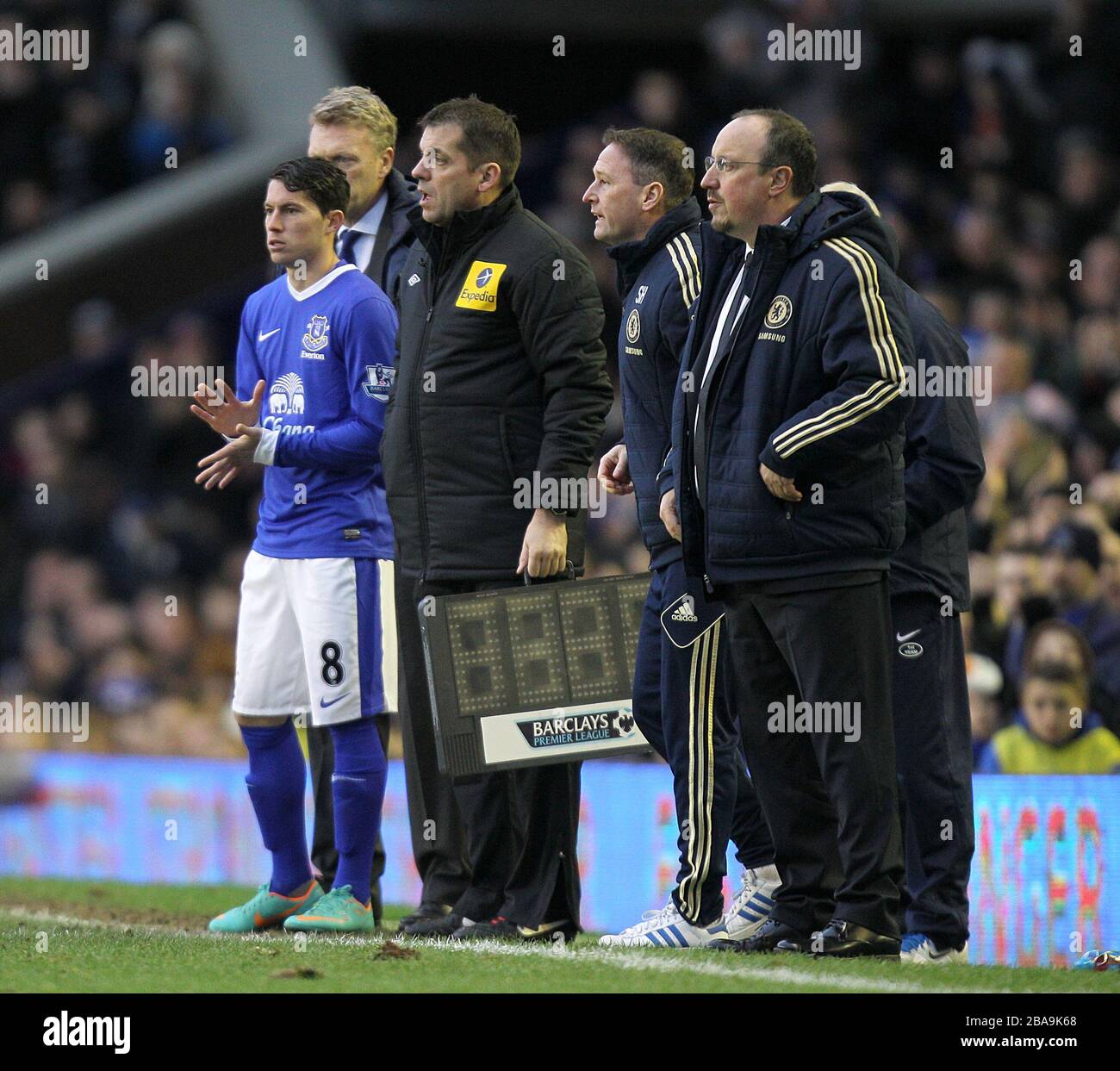 Everton's Bryan Oviedo (8) waits to come on as a substitute Stock Photo
