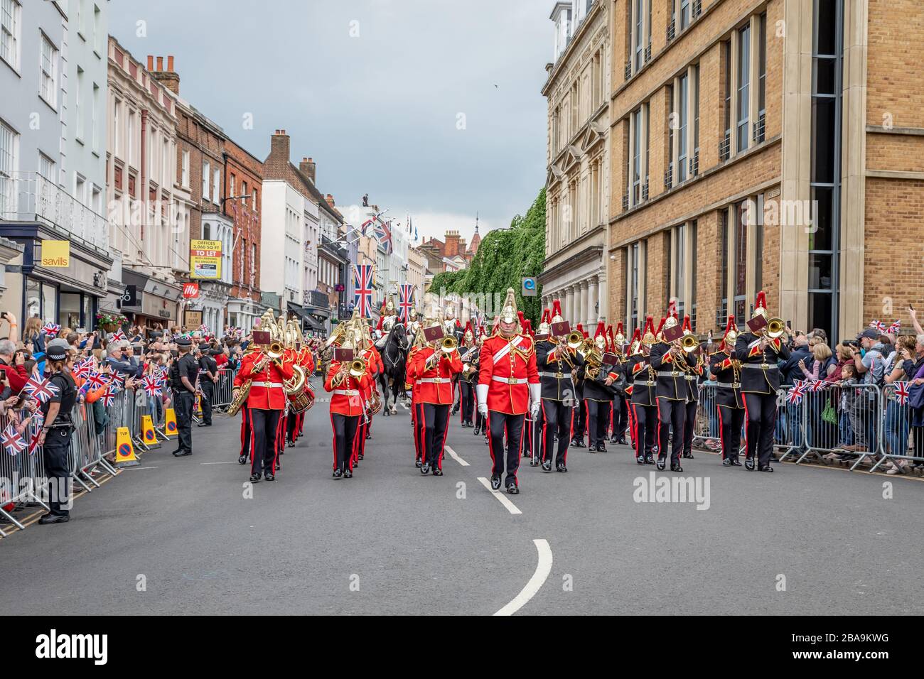Band of the Household Cavalry leads the Household Cavalry farewell to Windsor parade through Windosr, Berkshire, UK - May 18th 2019 Stock Photo