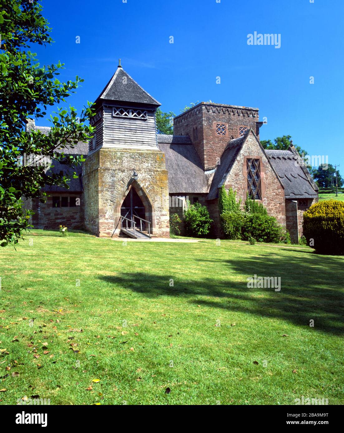 Thatched All Saints Church, Brockhampton, Herefordshire. Designed by William Lethaby in the Arts and Craft style1902. Stock Photo
