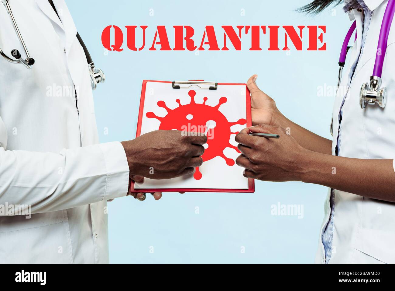 Doctors talking about coronavirus spreading stopping, quarantine, isolation and treatment for active cases. Flu virus protection, prevention. Healthcare and medicine while pandemic. Outbreak caution. Stock Photo