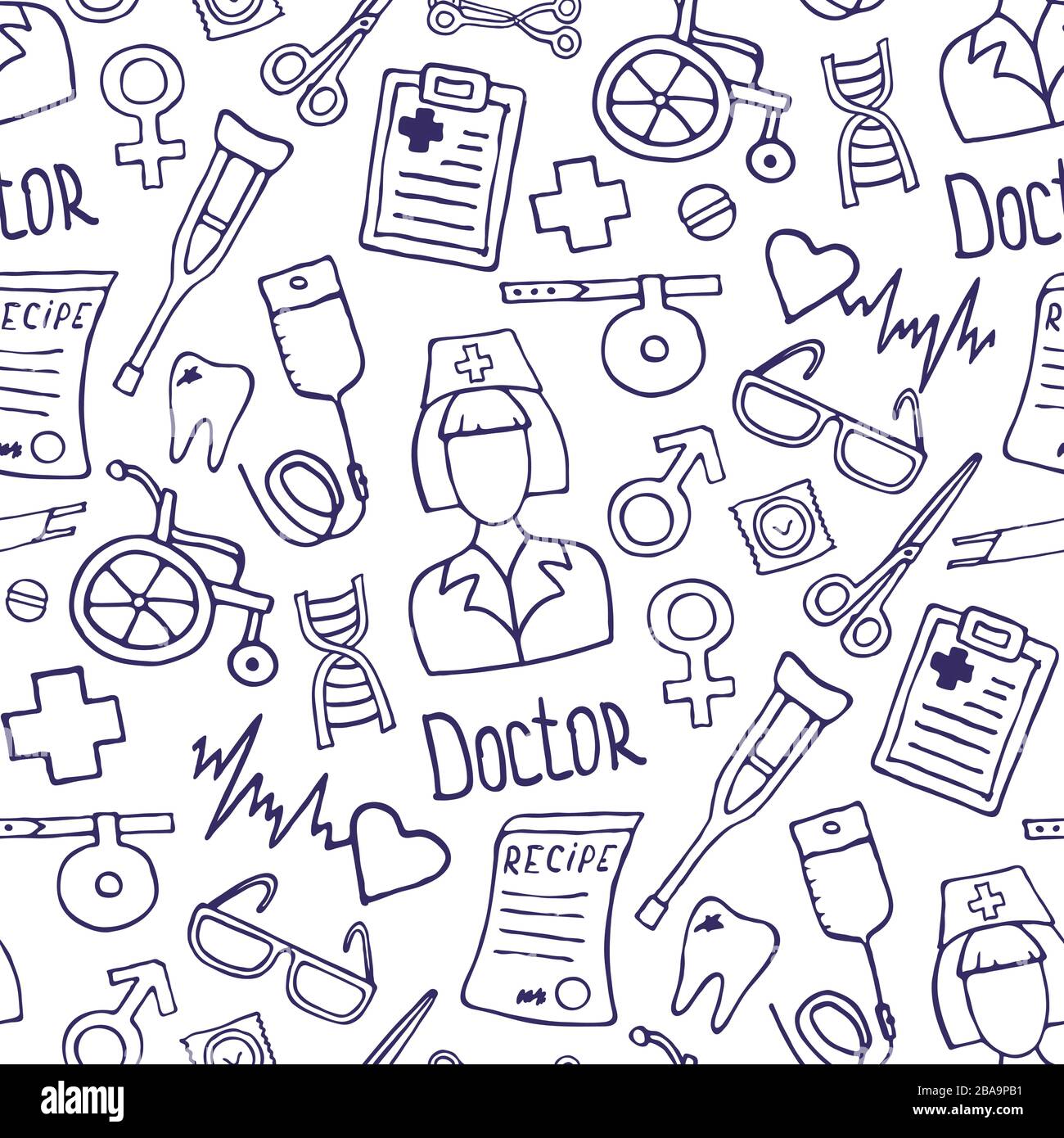 Medicine seamless doodle pattern for your design. Hand drawn Health care, pharmacy, medical cartoon background. Vector illustrations. Stock Vector