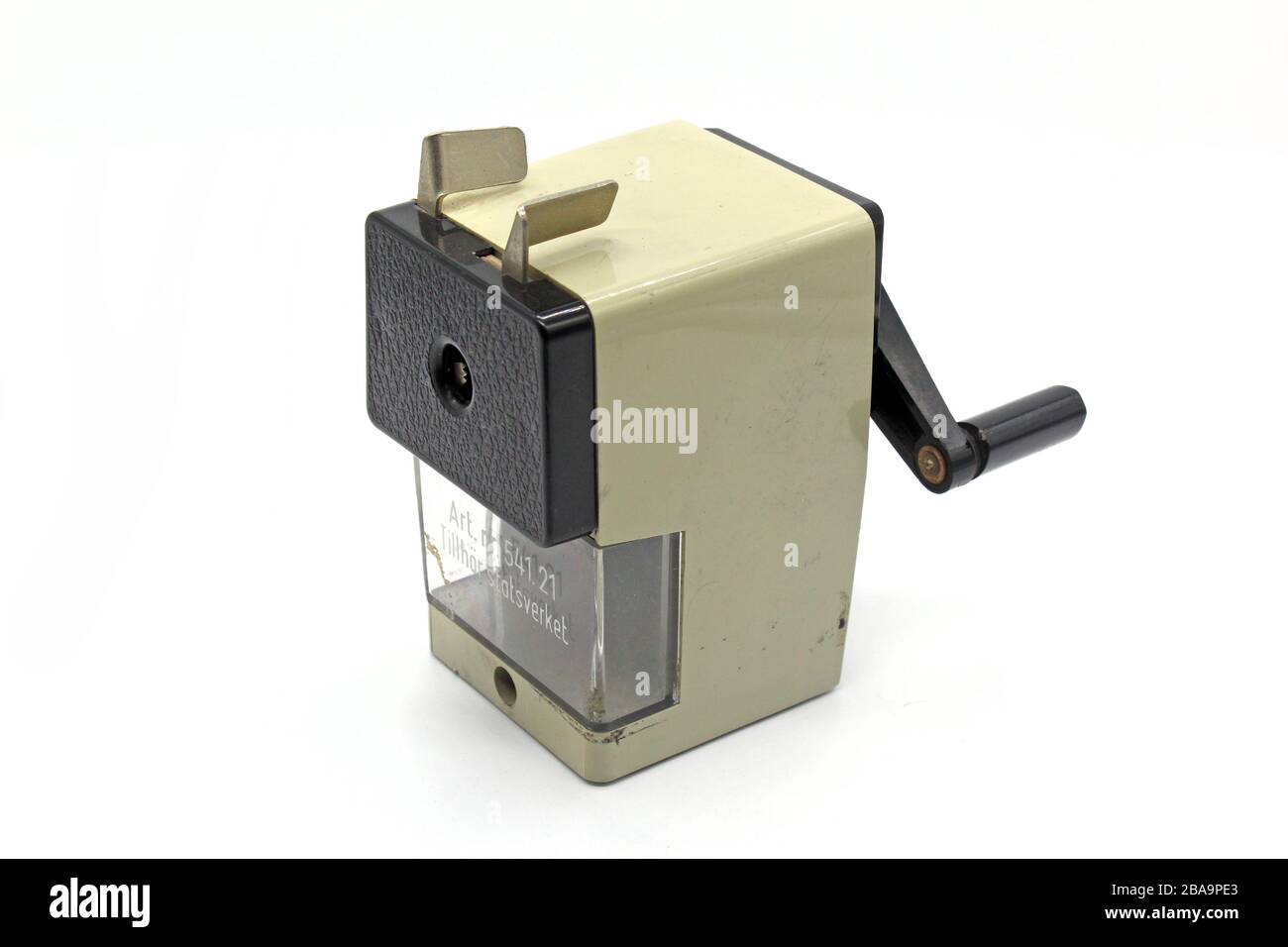 Vintage plastic pencil sharpener, isolated on white background, close-up Stock Photo