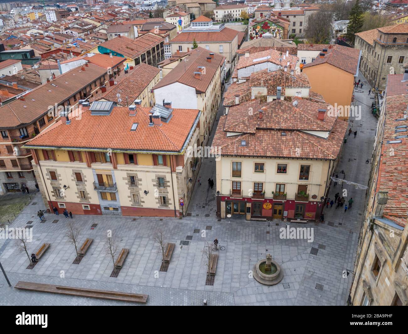 Aerial view over Plaza Santa Maria Square and the Old Town, as seen from the tower of the old cathedral, Vitoria-Gasteiz, Basque Country, Spain Stock Photo
