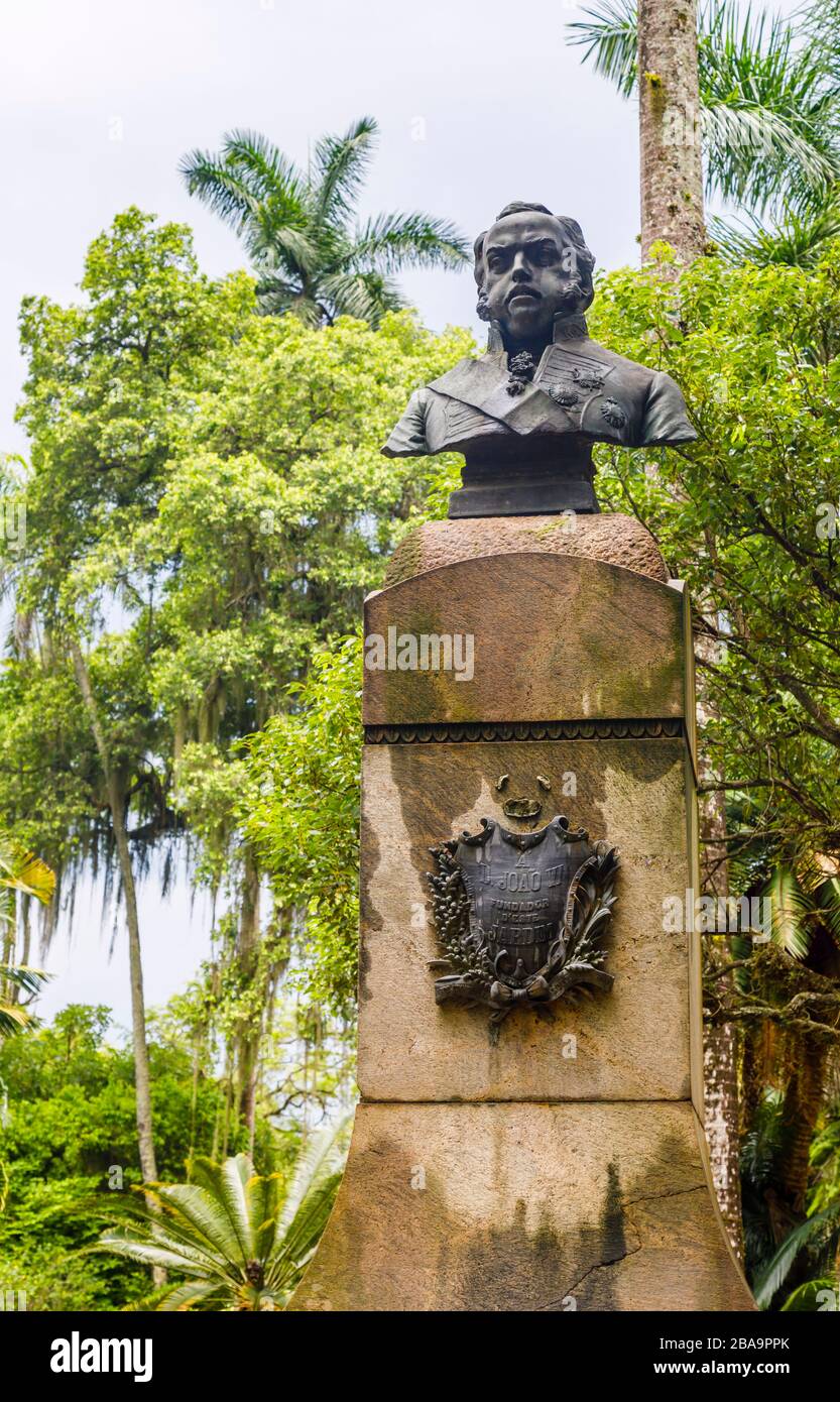 Bust and coat of arms of D Joao VI (Dom John VI), founder of the Botanical Garden (Jardim Botanico), South Zone, Rio de Janeiro, Brazil Stock Photo
