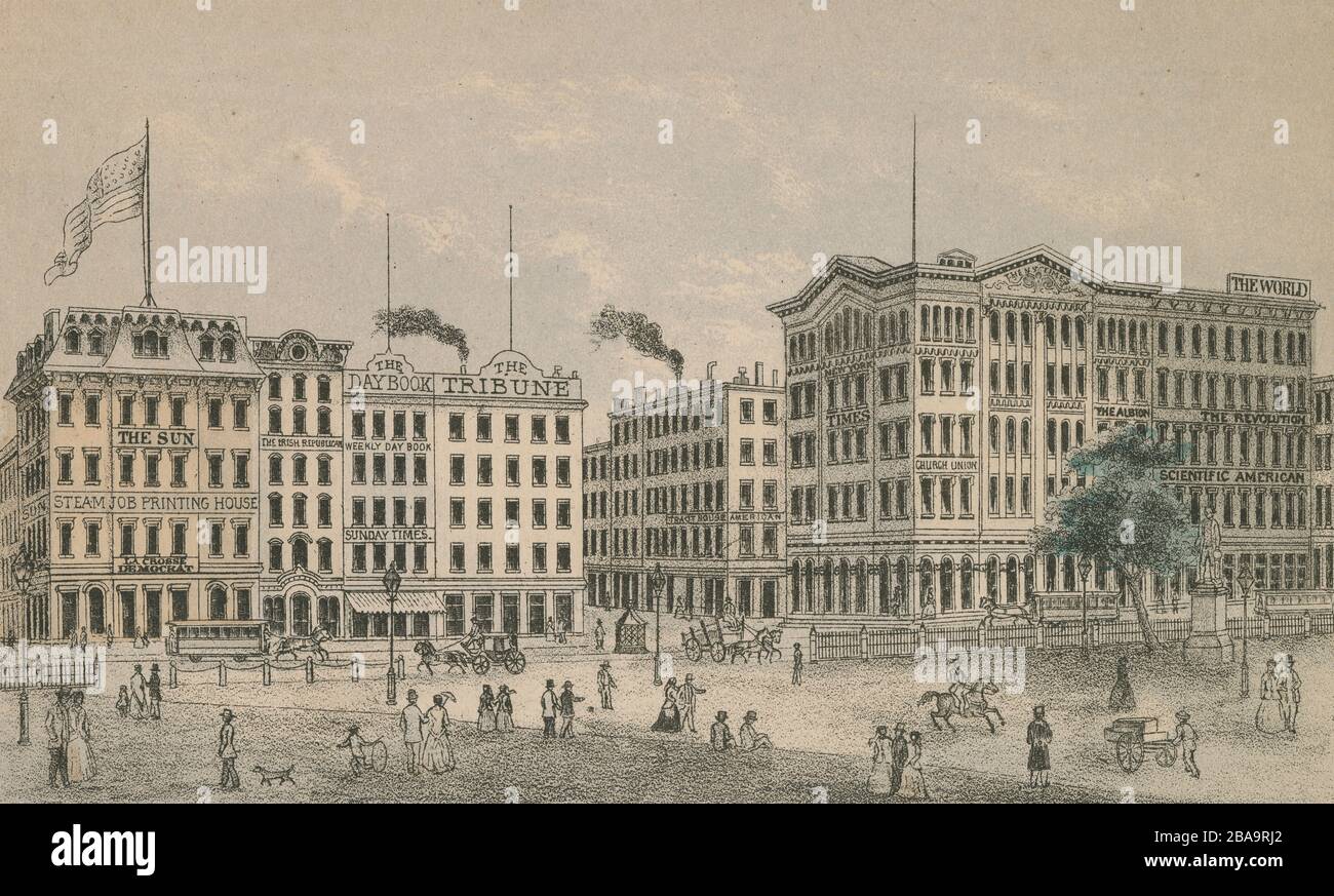 Antique 1868 engraving, view of the southern section of Park Row, known as Printing House Square from City Hall Park, in New York City. Park Row is a street located in the Financial District, Civic Center, and Chinatown neighborhoods of the New York City borough of Manhattan. SOURCE: ORIGINAL ENGRAVING Stock Photo
