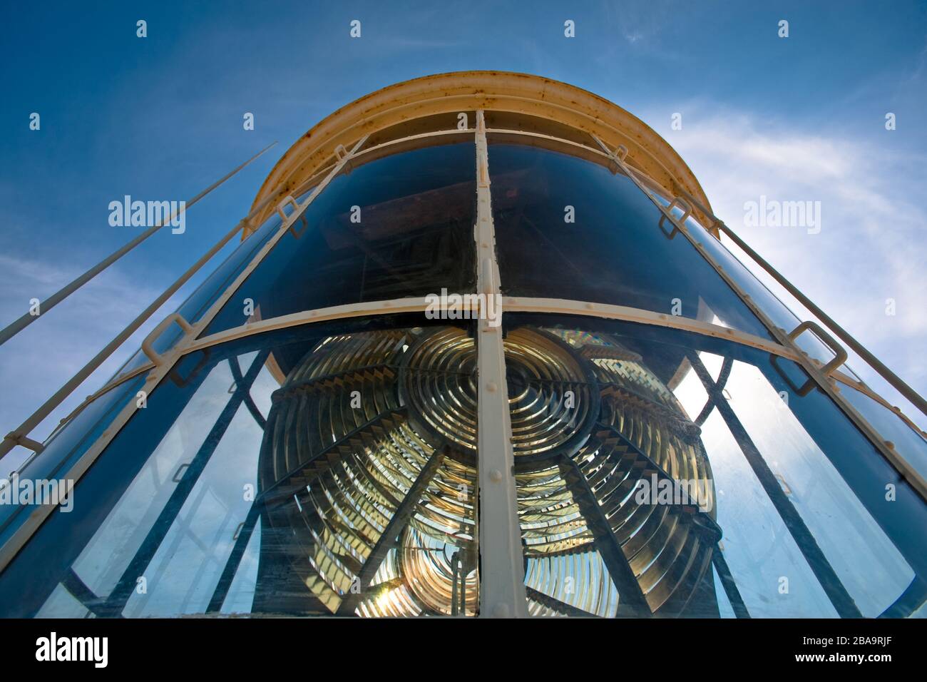 The fresnel bulb and lens of the lantern room a top of the Cape Leeuwin lighthouse, Albany, Western Australia. Stock Photo
