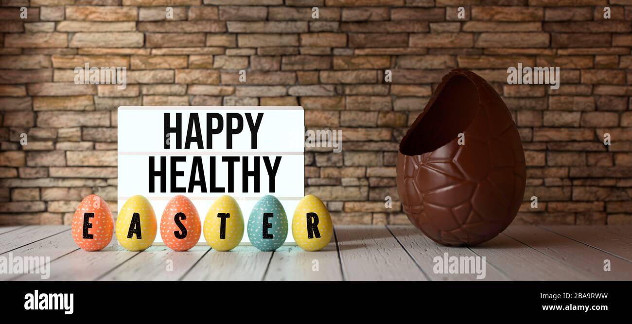 easter eggs with message HAPPY HEALTHY EASTER with big chocolate egg in front of a brick wall - 3D rendered illustration Stock Photo