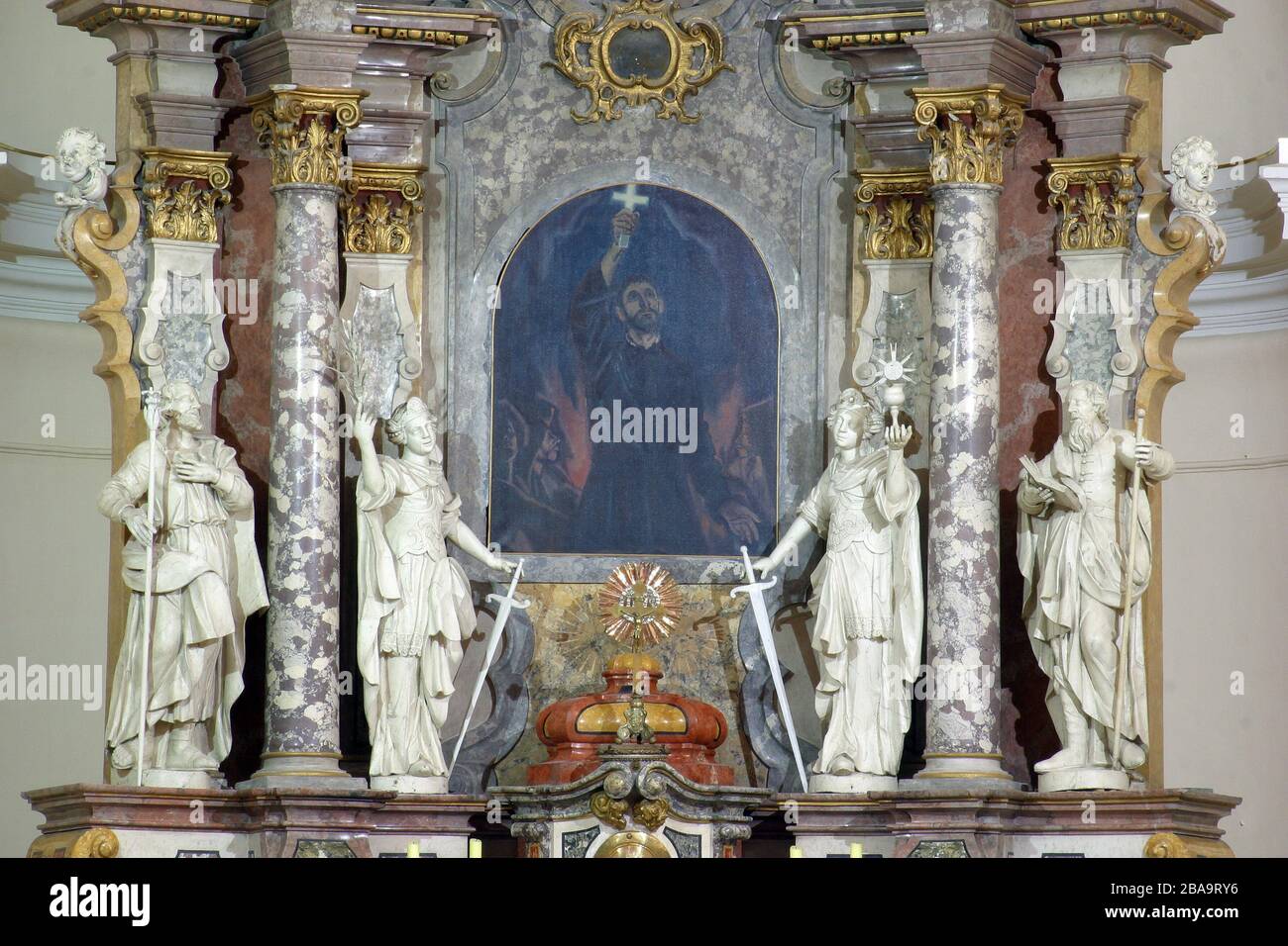 Main altar in the Franciscan church of St. Francis Xavier in Zagreb, Croatia Stock Photo