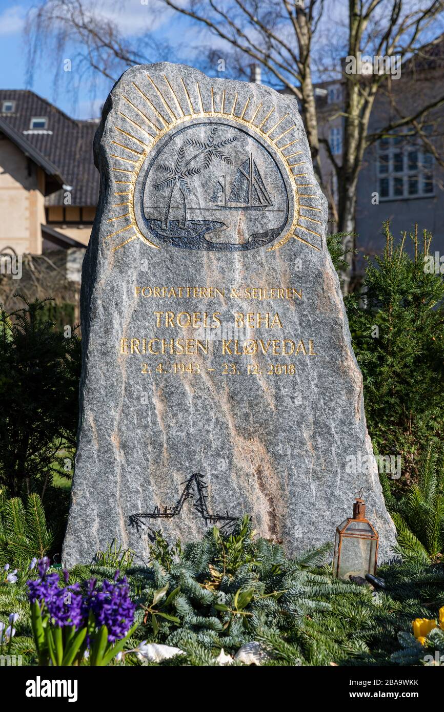 Gravestone of Troels Kløvedal (1943-2018) in the Cemetery of Holmen, Copenhagen, Denmark Stock Photo