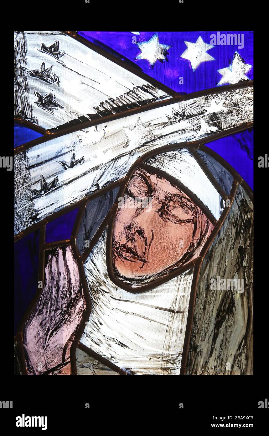 Saint Hildegard of Bingen, stained glass window by Sieger Koder in Benediktbeuern Abbey, Germany Stock Photo