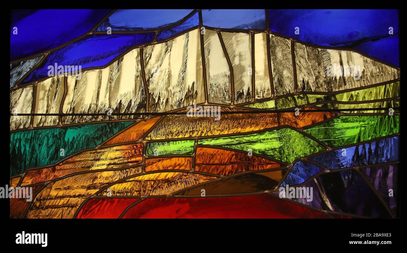 View the elements of life, detail of stained glass window by Sieger Koder in Benediktbeuern Abbey, Germany Stock Photo